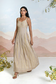 WOMEN'S YELLOW & PURPLE COTTON DOBBY SUNBLOOM DRESS