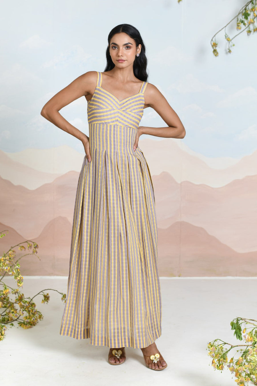 WOMEN'S YELLOW & PURPLE COTTON DOBBY SUNBLOOM DRESS