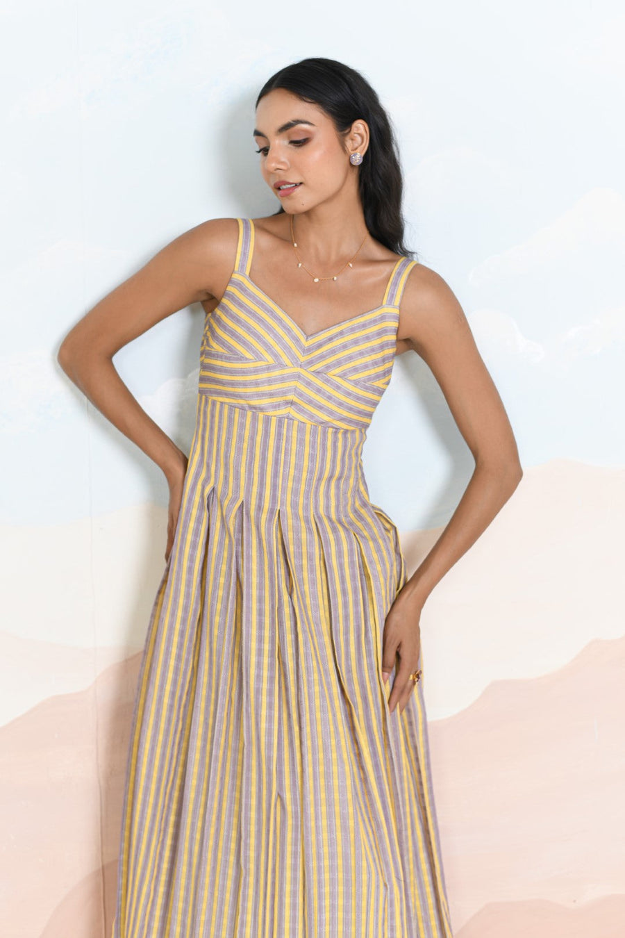 WOMEN'S YELLOW & PURPLE COTTON DOBBY SUNBLOOM DRESS