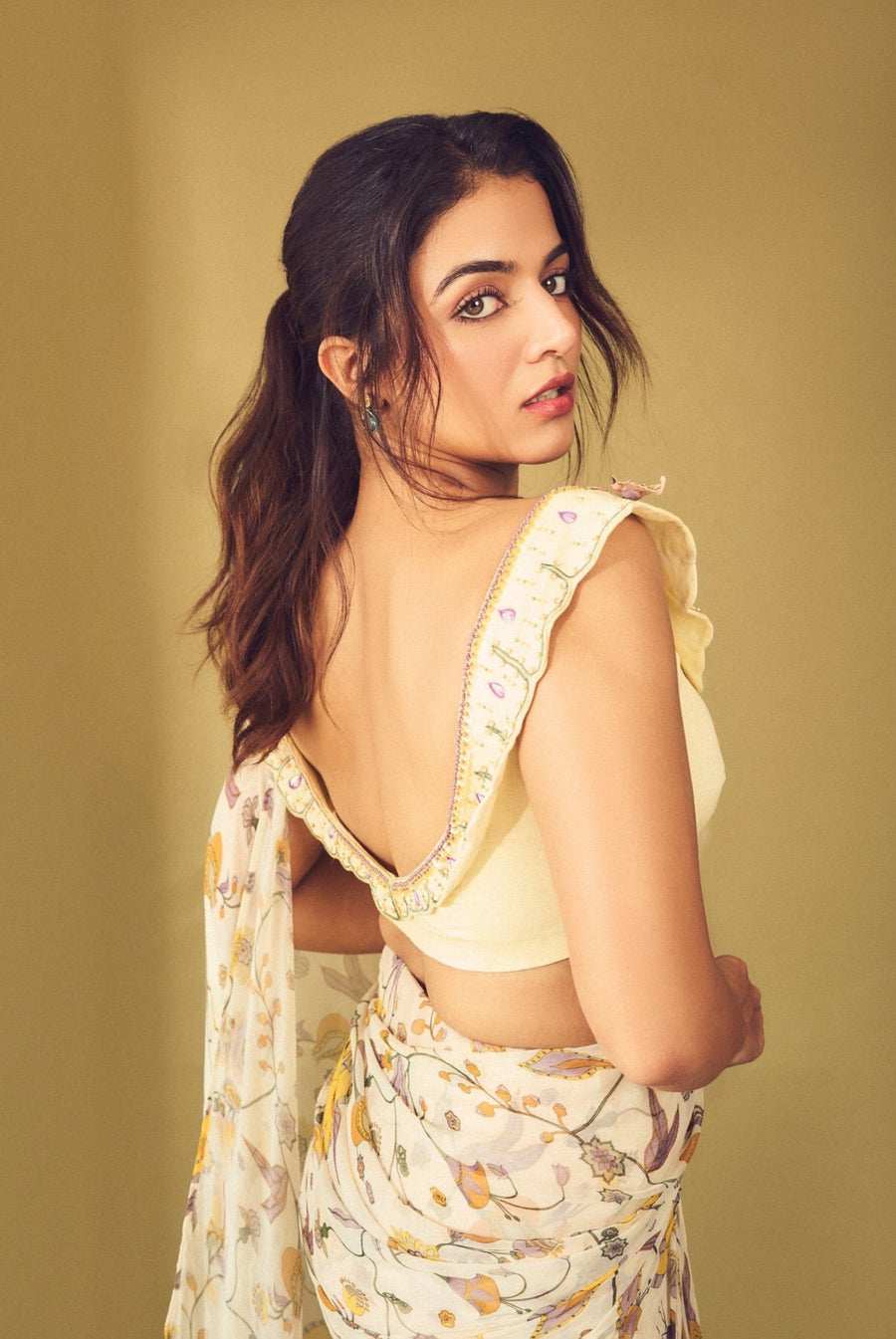 WOMEN'S BEIGE CHIFFON SUNDRENCHED SAREE SET