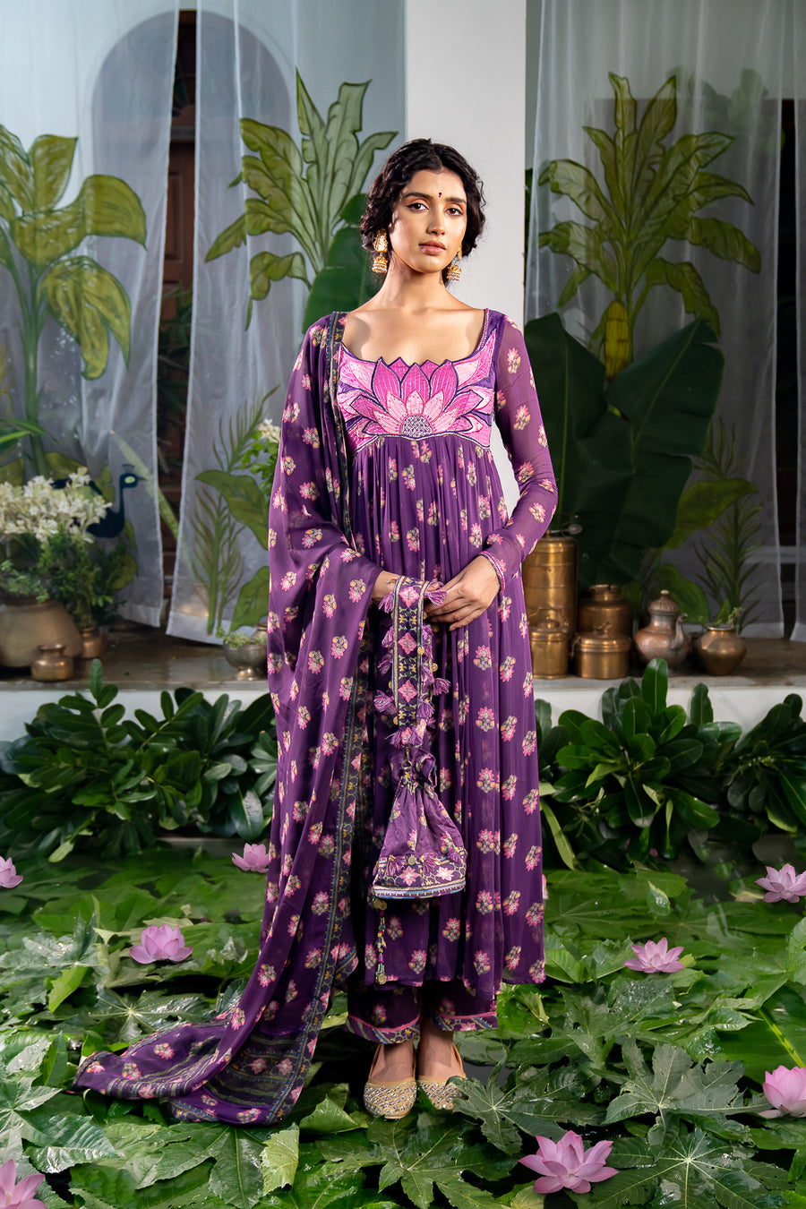 WOMEN'S PURPLE CHIFFON JINAL ANARKALI SET