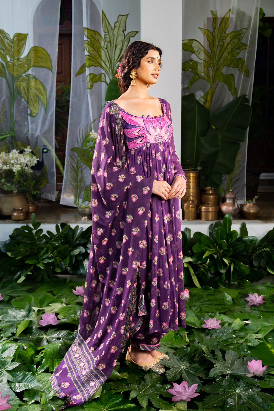 WOMEN'S PURPLE CHIFFON JINAL ANARKALI SET
