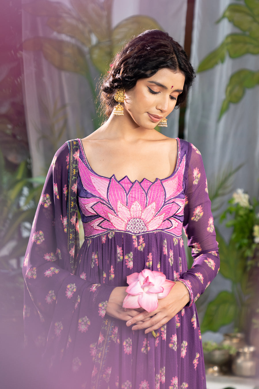 WOMEN'S PURPLE CHIFFON JINAL ANARKALI SET