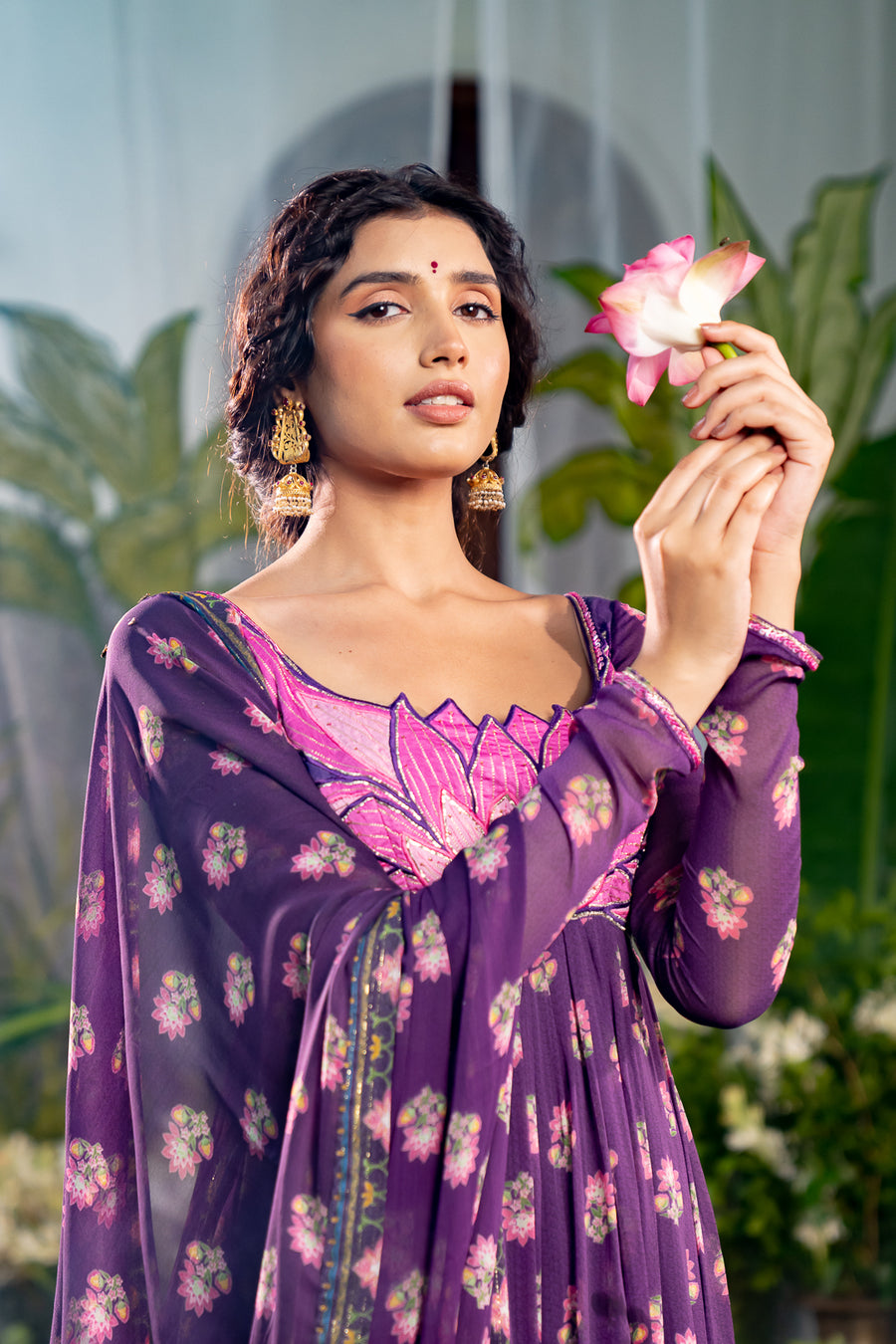 WOMEN'S PURPLE CHIFFON JINAL ANARKALI SET