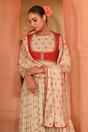 WOMEN'S BEIGE, RED CHIFFON GULAL ANARKALI SET