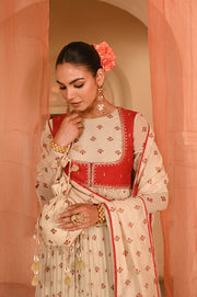 WOMEN'S BEIGE, RED CHIFFON GULAL ANARKALI SET
