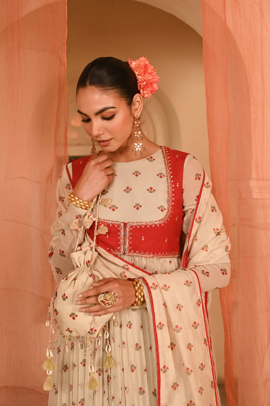 WOMEN'S BEIGE, RED CHIFFON GULAL ANARKALI SET