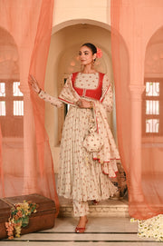 WOMEN'S BEIGE, RED CHIFFON GULAL ANARKALI SET