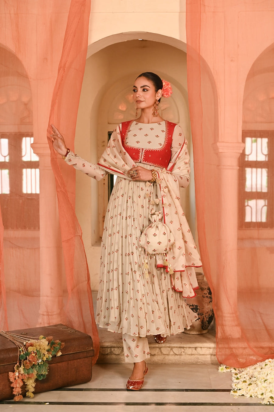 WOMEN'S BEIGE, RED CHIFFON GULAL ANARKALI SET