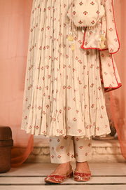 WOMEN'S BEIGE, RED CHIFFON GULAL ANARKALI SET