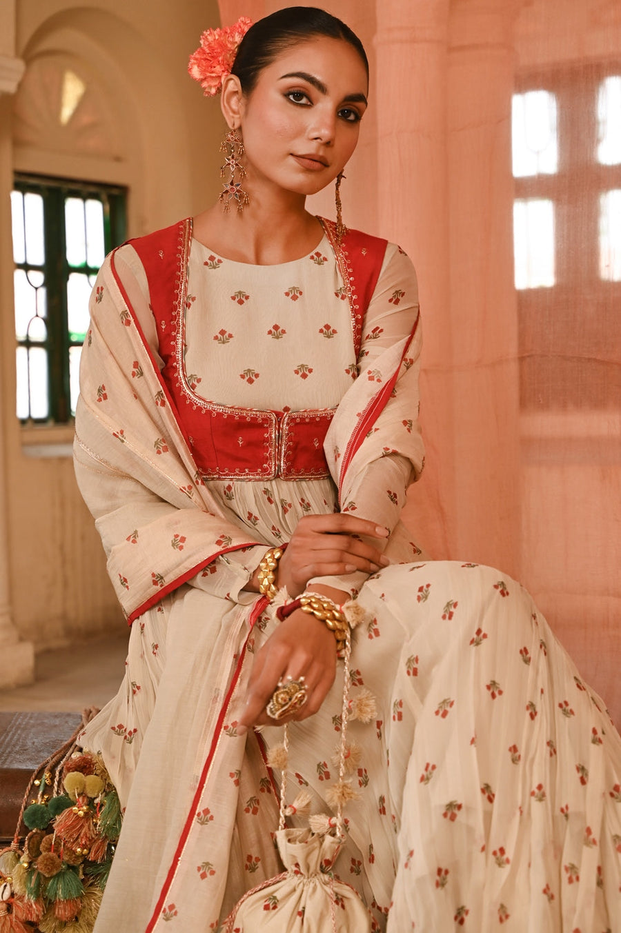 WOMEN'S BEIGE, RED CHIFFON GULAL ANARKALI SET
