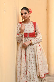 WOMEN'S BEIGE, RED CHIFFON GULAL ANARKALI SET