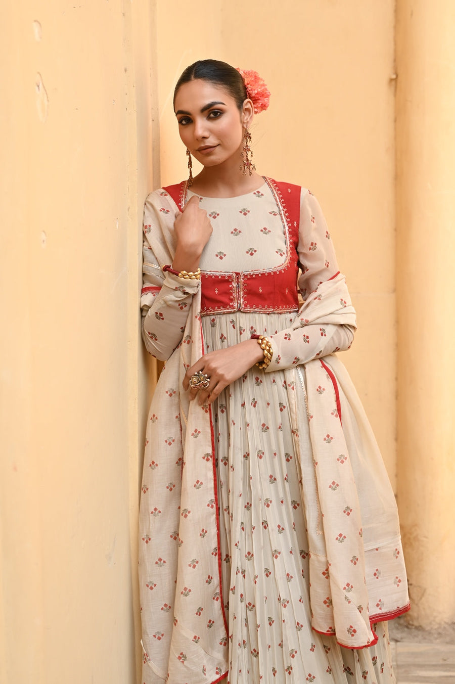 WOMEN'S BEIGE, RED CHIFFON GULAL ANARKALI SET