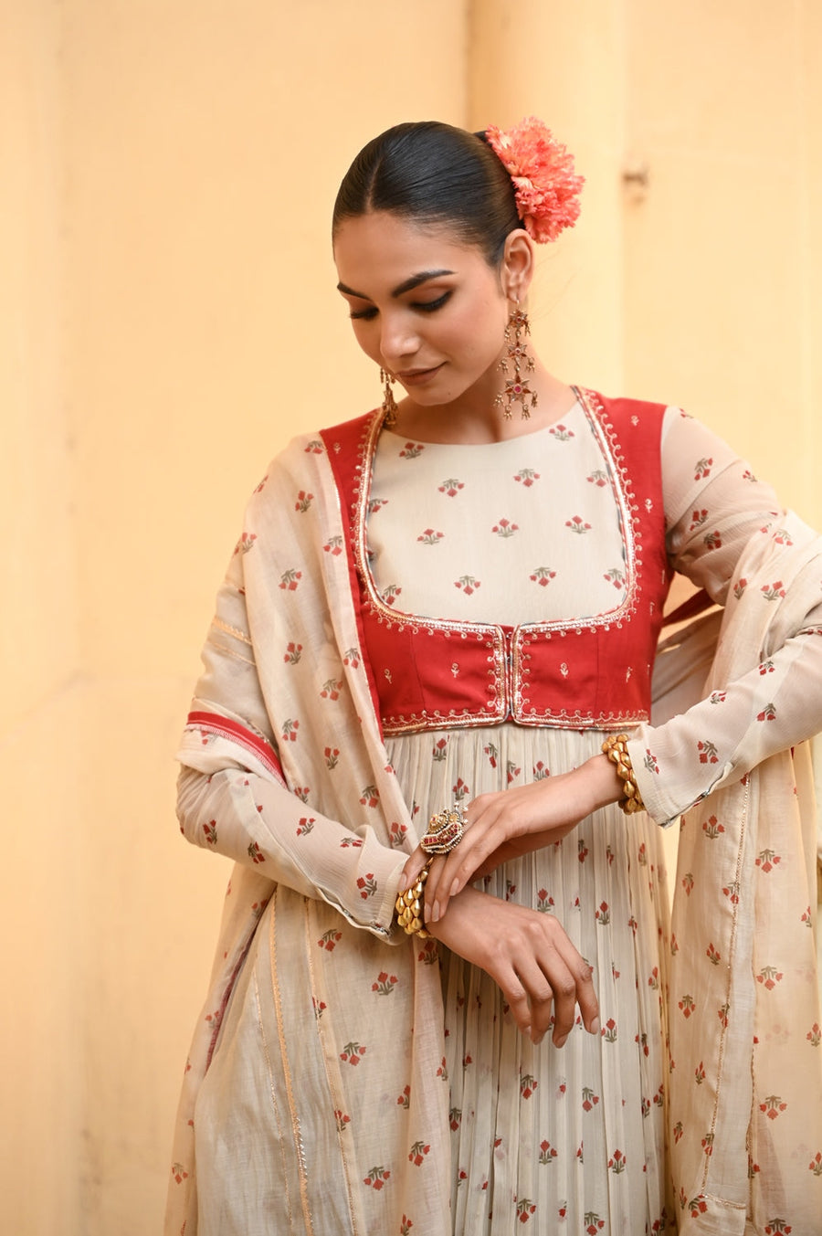 WOMEN'S BEIGE, RED CHIFFON GULAL ANARKALI SET