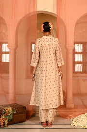 WOMEN'S BEIGE, RED CHANDERI JALMAHAL KURTA SET