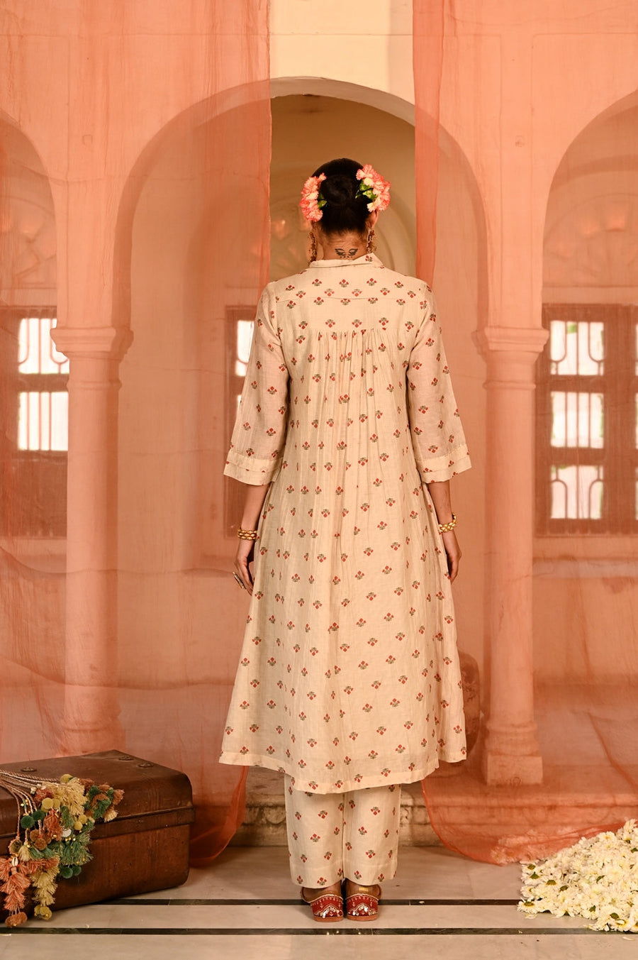 WOMEN'S BEIGE, RED CHANDERI JALMAHAL KURTA SET