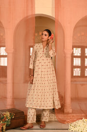 WOMEN'S BEIGE, RED CHANDERI JALMAHAL KURTA SET