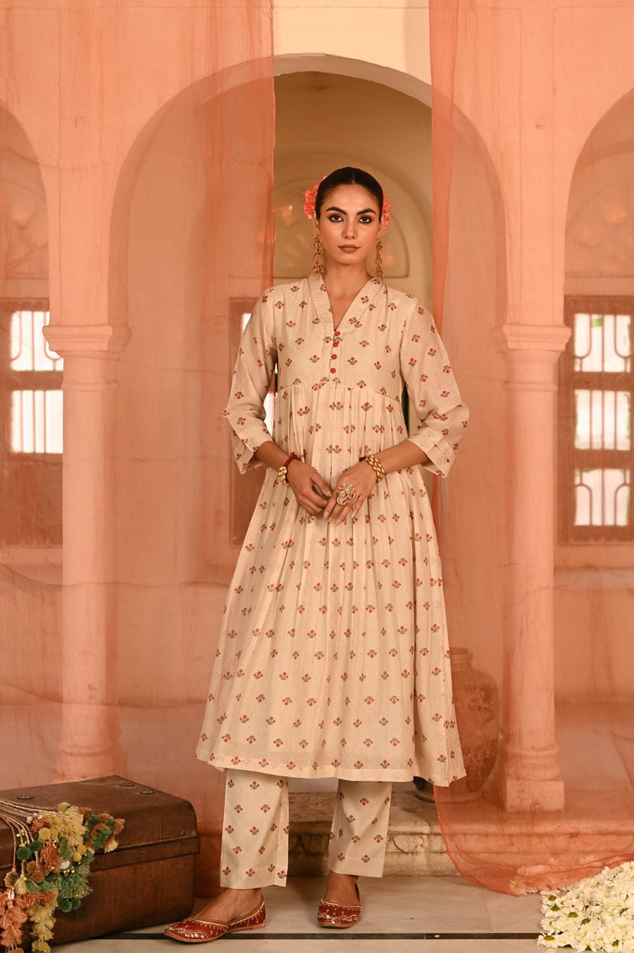 WOMEN'S BEIGE, RED CHANDERI JALMAHAL KURTA SET
