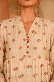 WOMEN'S BEIGE, RED CHANDERI JALMAHAL KURTA SET