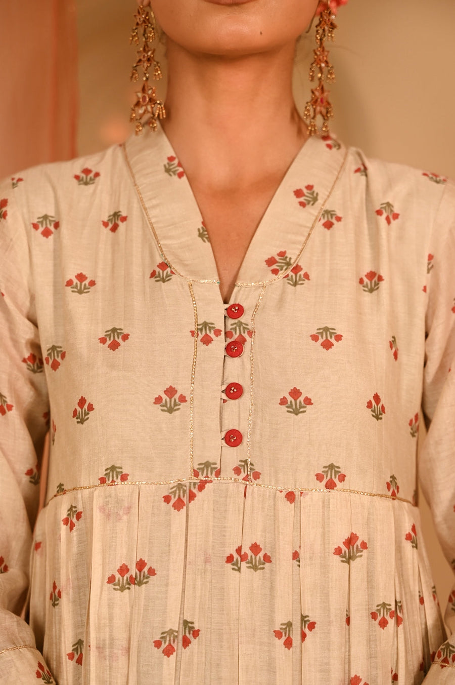 WOMEN'S BEIGE, RED CHANDERI JALMAHAL KURTA SET