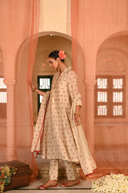 WOMEN'S BEIGE, RED CHANDERI JALMAHAL KURTA SET