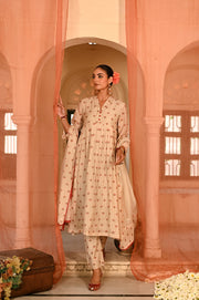 WOMEN'S BEIGE, RED CHANDERI JALMAHAL KURTA SET