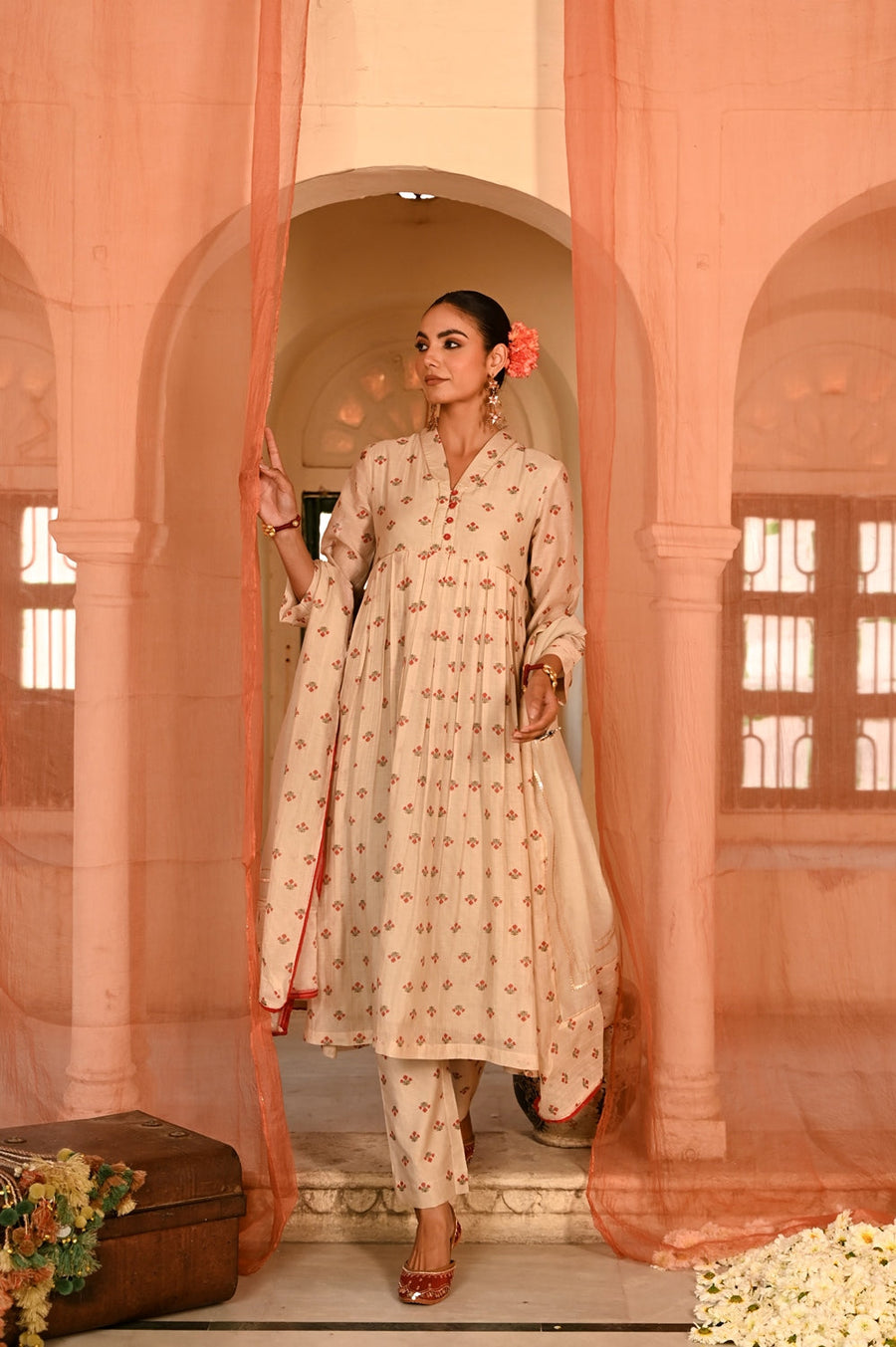 WOMEN'S BEIGE, RED CHANDERI JALMAHAL KURTA SET