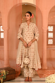 WOMEN'S BEIGE, RED CHANDERI JALMAHAL KURTA SET