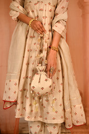 WOMEN'S BEIGE, RED CHANDERI JALMAHAL KURTA SET