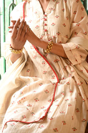 WOMEN'S BEIGE, RED CHANDERI JALMAHAL KURTA SET