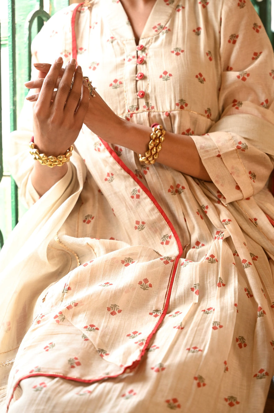 WOMEN'S BEIGE, RED CHANDERI JALMAHAL KURTA SET