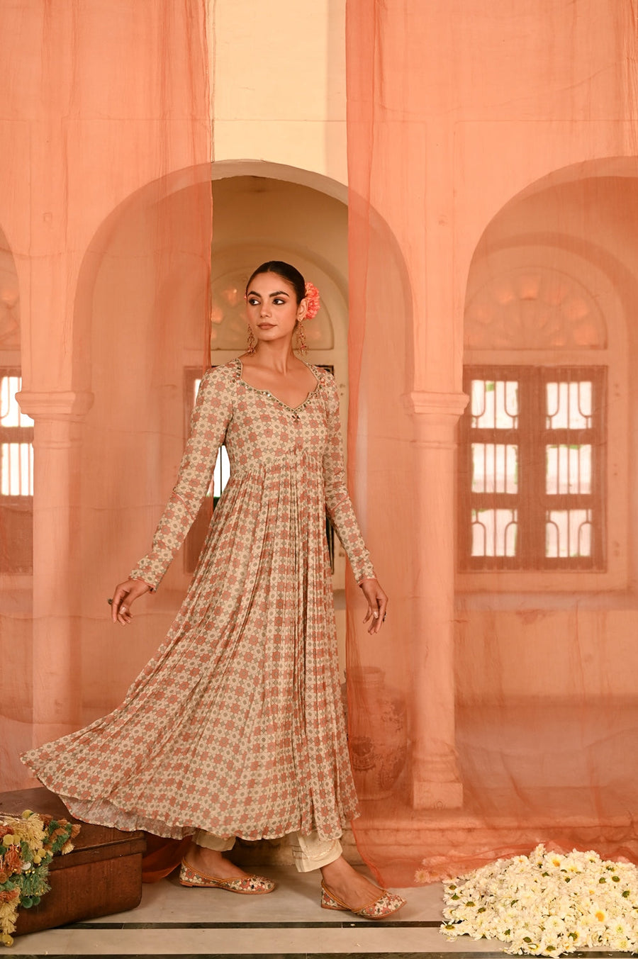 WOMEN'S MULTICOLOR CHIFFON  SEESH MAHAL ANARKALI SET