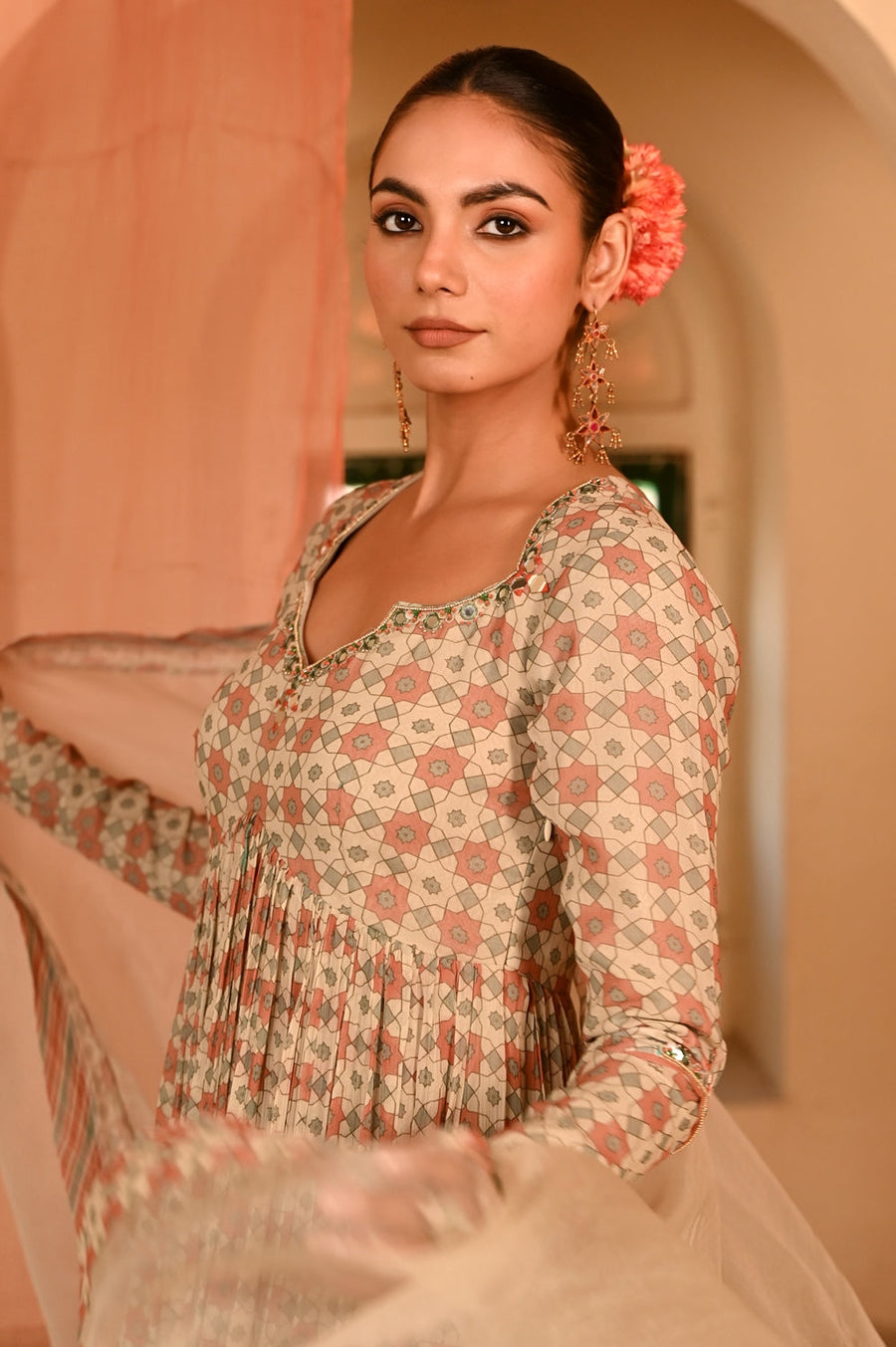 WOMEN'S MULTICOLOR CHIFFON  SEESH MAHAL ANARKALI SET