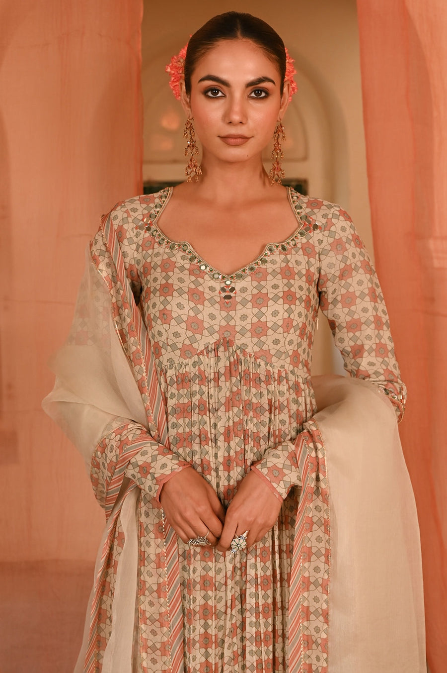 WOMEN'S MULTICOLOR CHIFFON  SEESH MAHAL ANARKALI SET