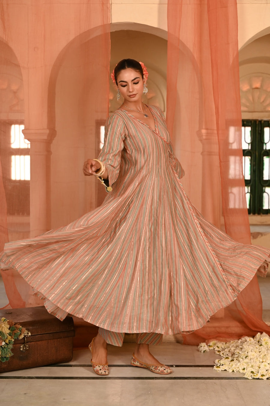 WOMEN'S MULTICOLOR CHANDERI CHANDBAGH ANARKALI SET