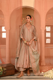 WOMEN'S MULTICOLOR CHANDERI CHANDBAGH ANARKALI SET