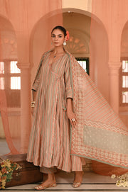 WOMEN'S MULTICOLOR CHANDERI CHANDBAGH ANARKALI SET