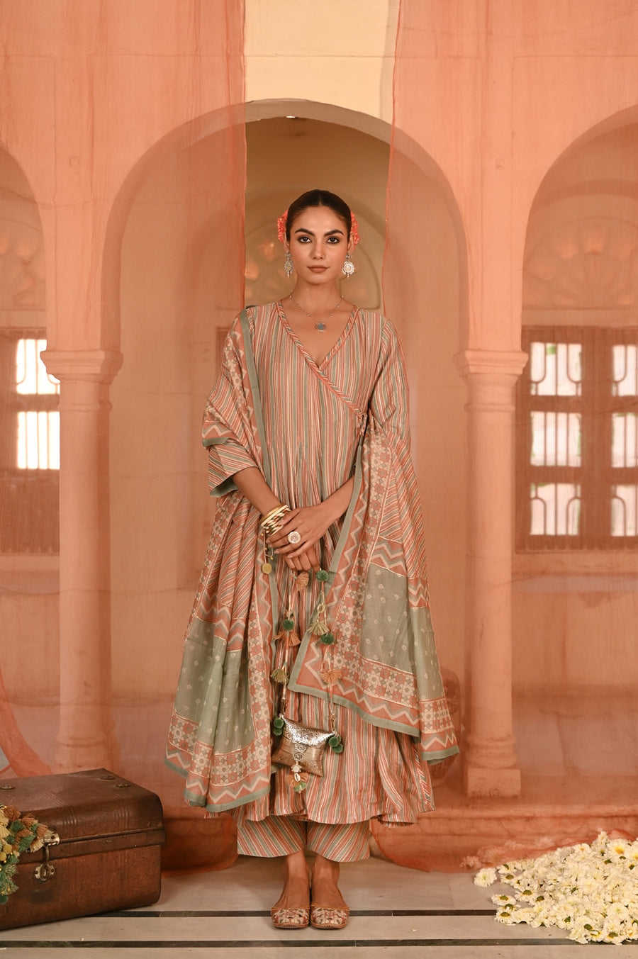 WOMEN'S MULTICOLOR CHANDERI CHANDBAGH ANARKALI SET