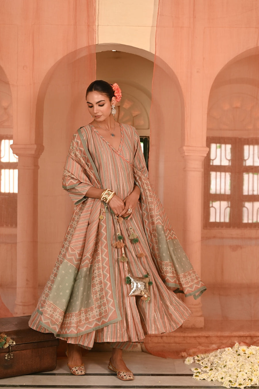 WOMEN'S MULTICOLOR CHANDERI CHANDBAGH ANARKALI SET