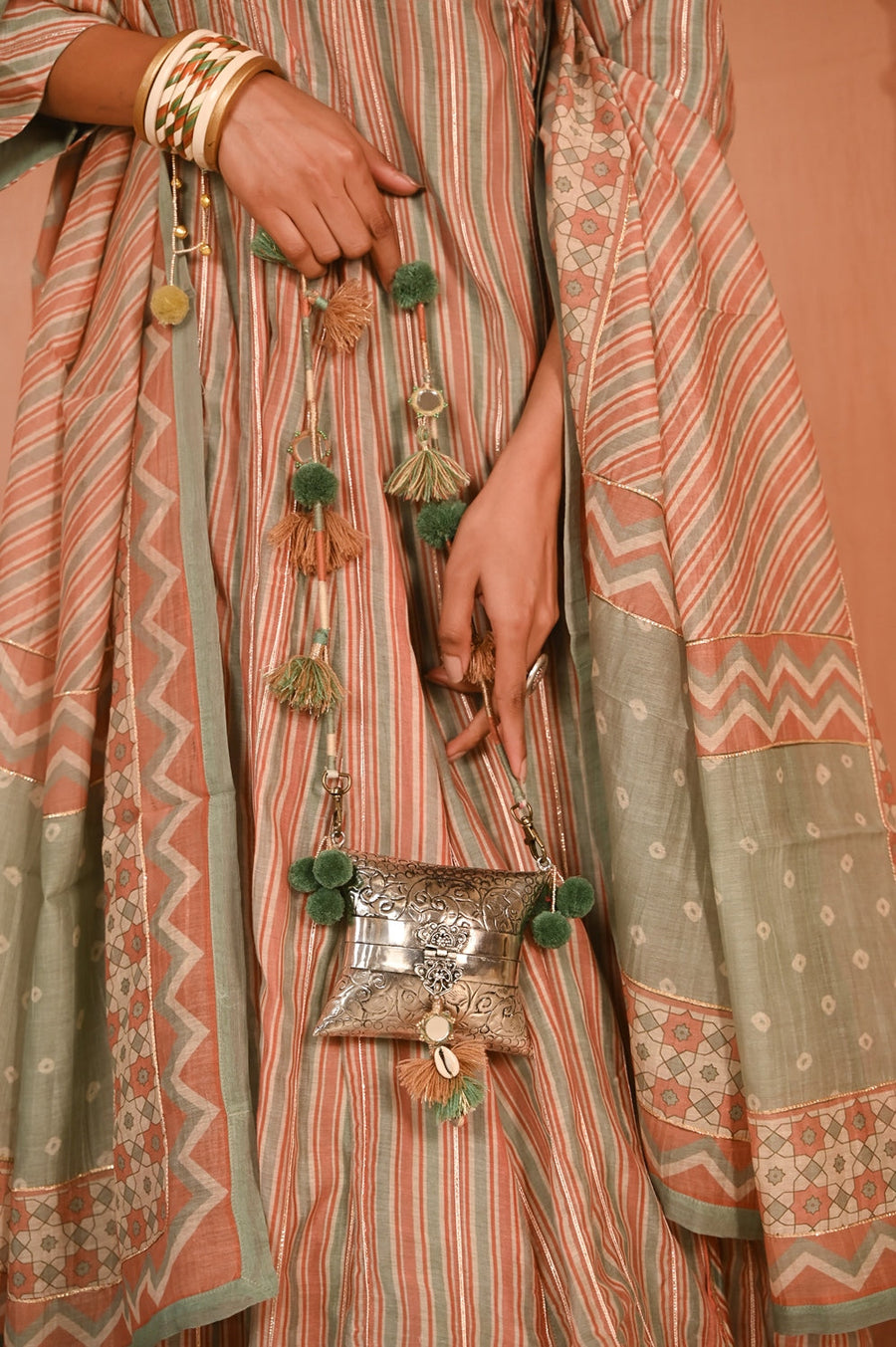 WOMEN'S MULTICOLOR CHANDERI CHANDBAGH ANARKALI SET