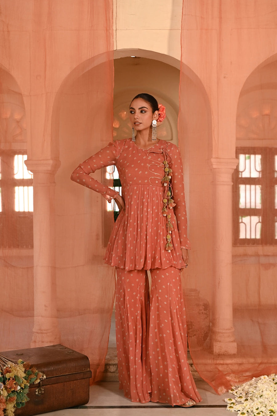 WOMEN'S ORANGE CHIFFON  SURAJPOLE GHARARA SET
