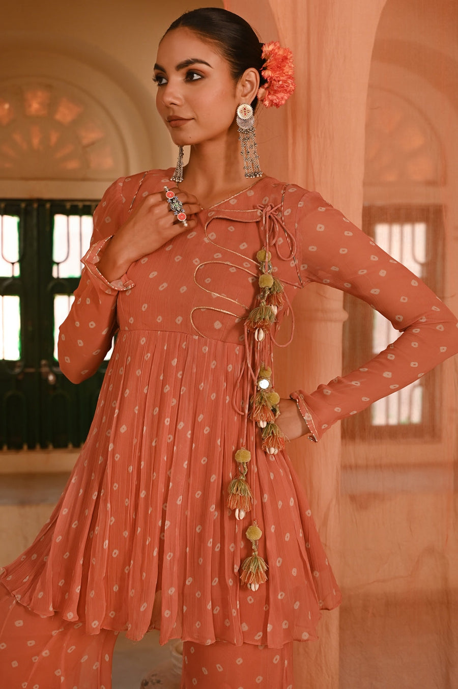 WOMEN'S ORANGE CHIFFON  SURAJPOLE GHARARA SET