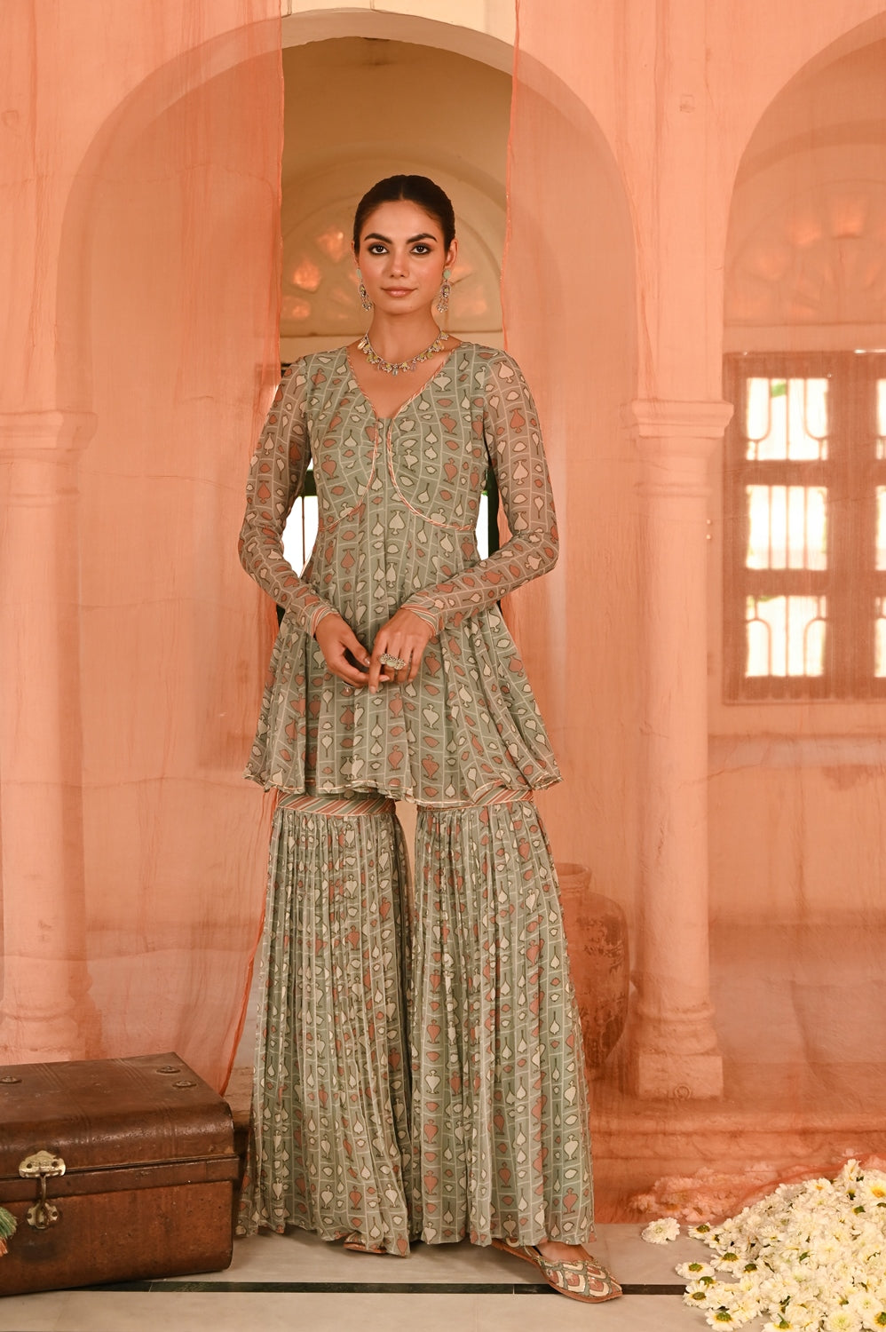 WOMEN'S GREEN CHIFFON  CHANDPOLE GHARARA SET