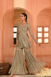 WOMEN'S GREEN CHIFFON  CHANDPOLE GHARARA SET