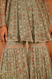 WOMEN'S GREEN CHIFFON  CHANDPOLE GHARARA SET