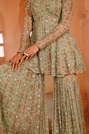 WOMEN'S GREEN CHIFFON  CHANDPOLE GHARARA SET