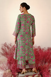 WOMEN'S GREEN AND MAGENTA CREPE & ORGANZA MOHAK A-LINE KURTA SET