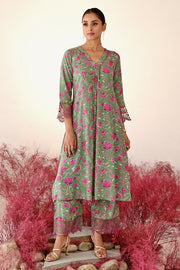 WOMEN'S GREEN AND MAGENTA CREPE & ORGANZA MOHAK A-LINE KURTA SET
