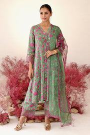 WOMEN'S GREEN AND MAGENTA CREPE & ORGANZA MOHAK A-LINE KURTA SET