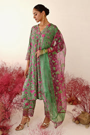 WOMEN'S GREEN AND MAGENTA CREPE & ORGANZA MOHAK A-LINE KURTA SET